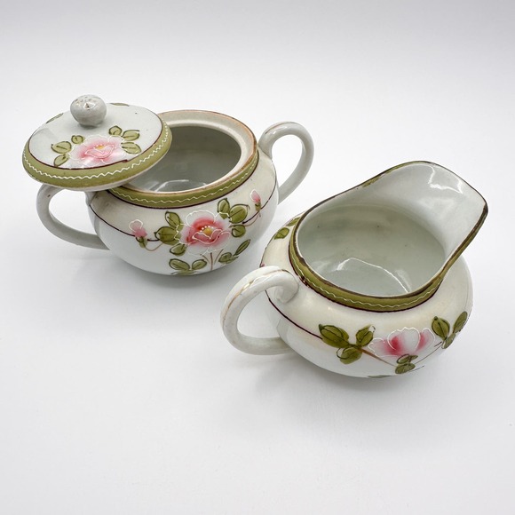 Antique Nippon Hand Painted Cream and Sugar Floral Rose w Moriage Pink Green - Picture 7 of 12